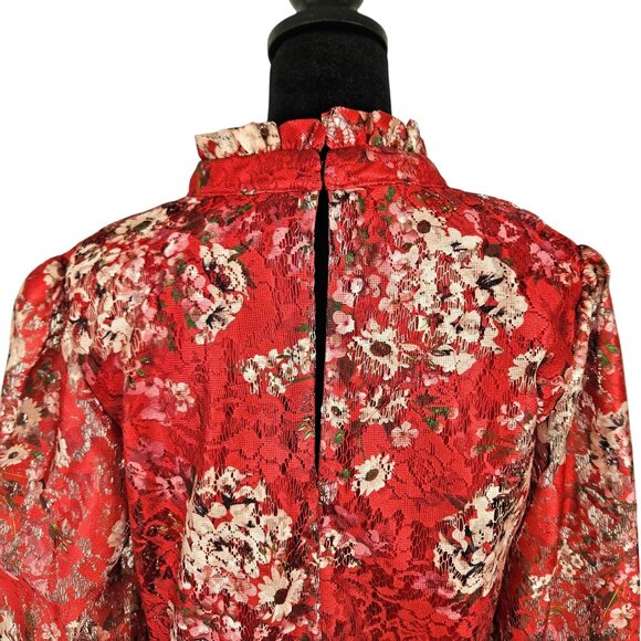 Maison Tara Womens Size 10 Red Floral Long Sheer Sleeve Tiered Ruffle Mini Dress - Picture 7 of 12